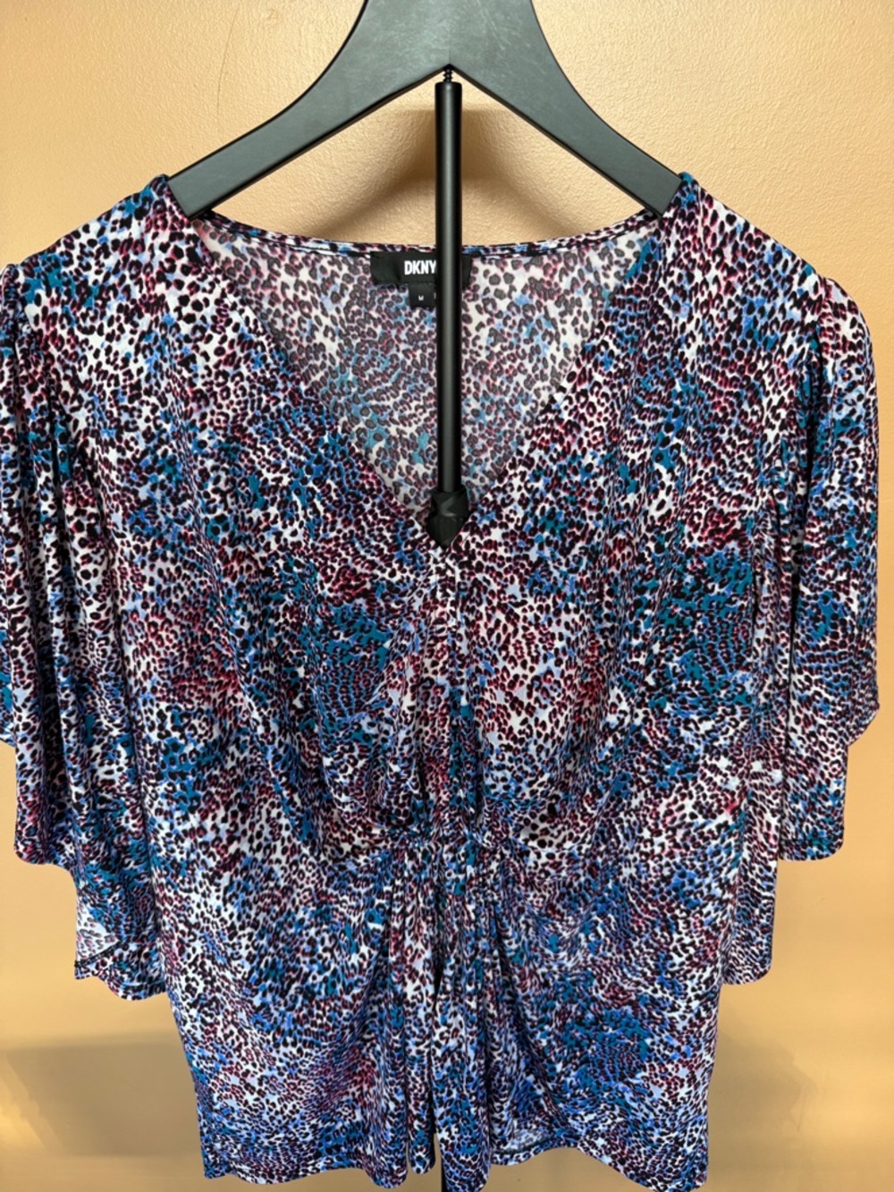 DKNY Blue and Burgundy Leopard-Print‎ V-Neck Blouse